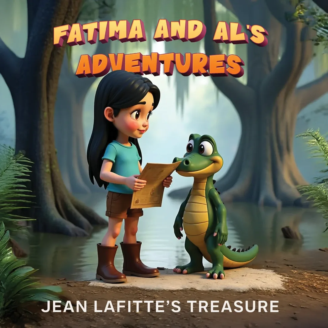 Cover of Jean Lafitte's Treasure featuring Fátima and Al in a Louisiana swamp