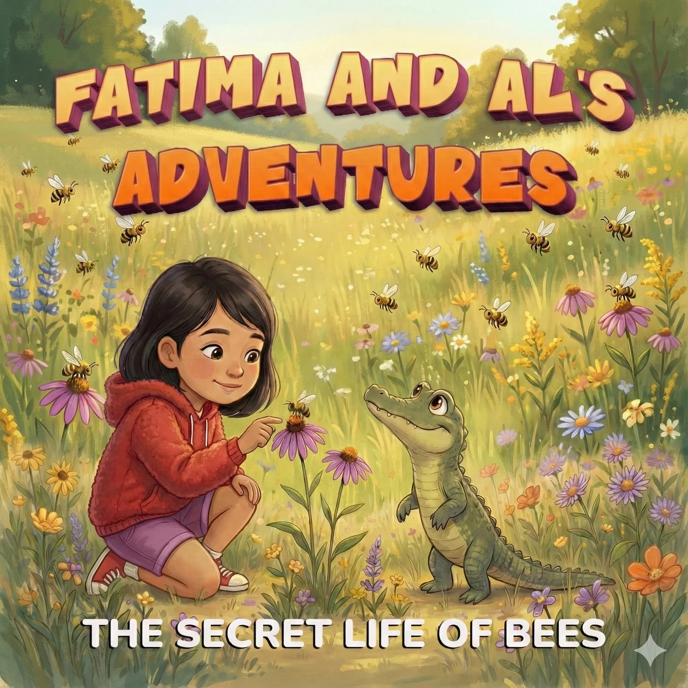 Cover of The Secret Life of Bees featuring Fátima and Al in a meadow full of flowers and bees