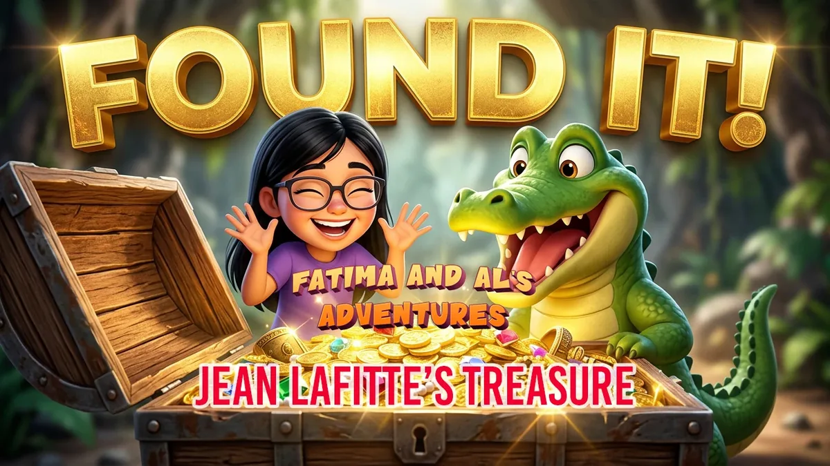 Found It! Jean Lafitte's Treasure YouTube thumbnail featuring Fátima, Al, and a treasure chest